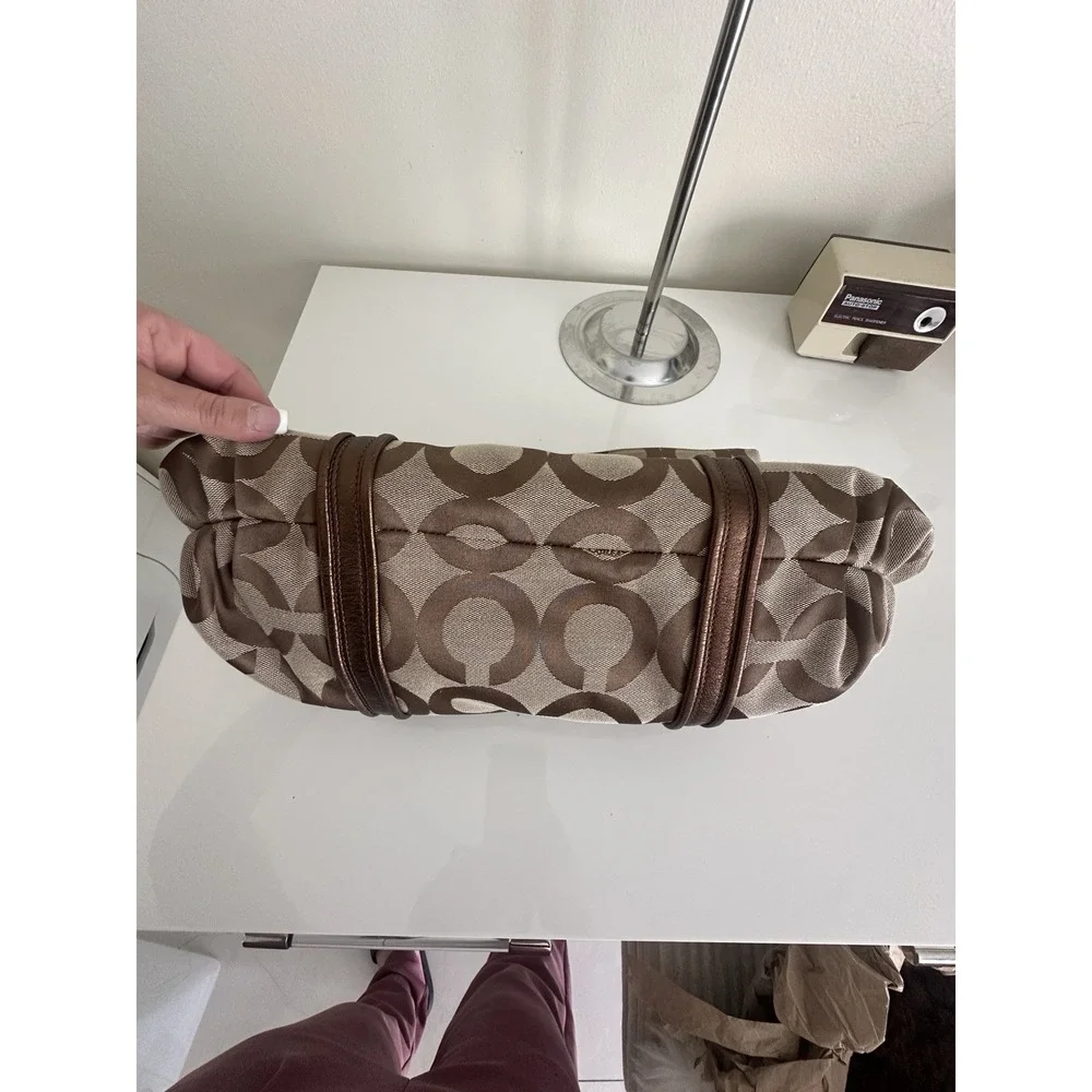 COACH 13826 Poppy Op Art Glam Brown Canvas Logo Bronze Shoulder Tote Bag Handbag